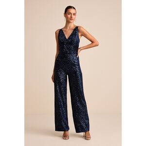 Lulus Sensational Energy Navy Velvet Sequin Backless Jumpsuit Blue - Size L